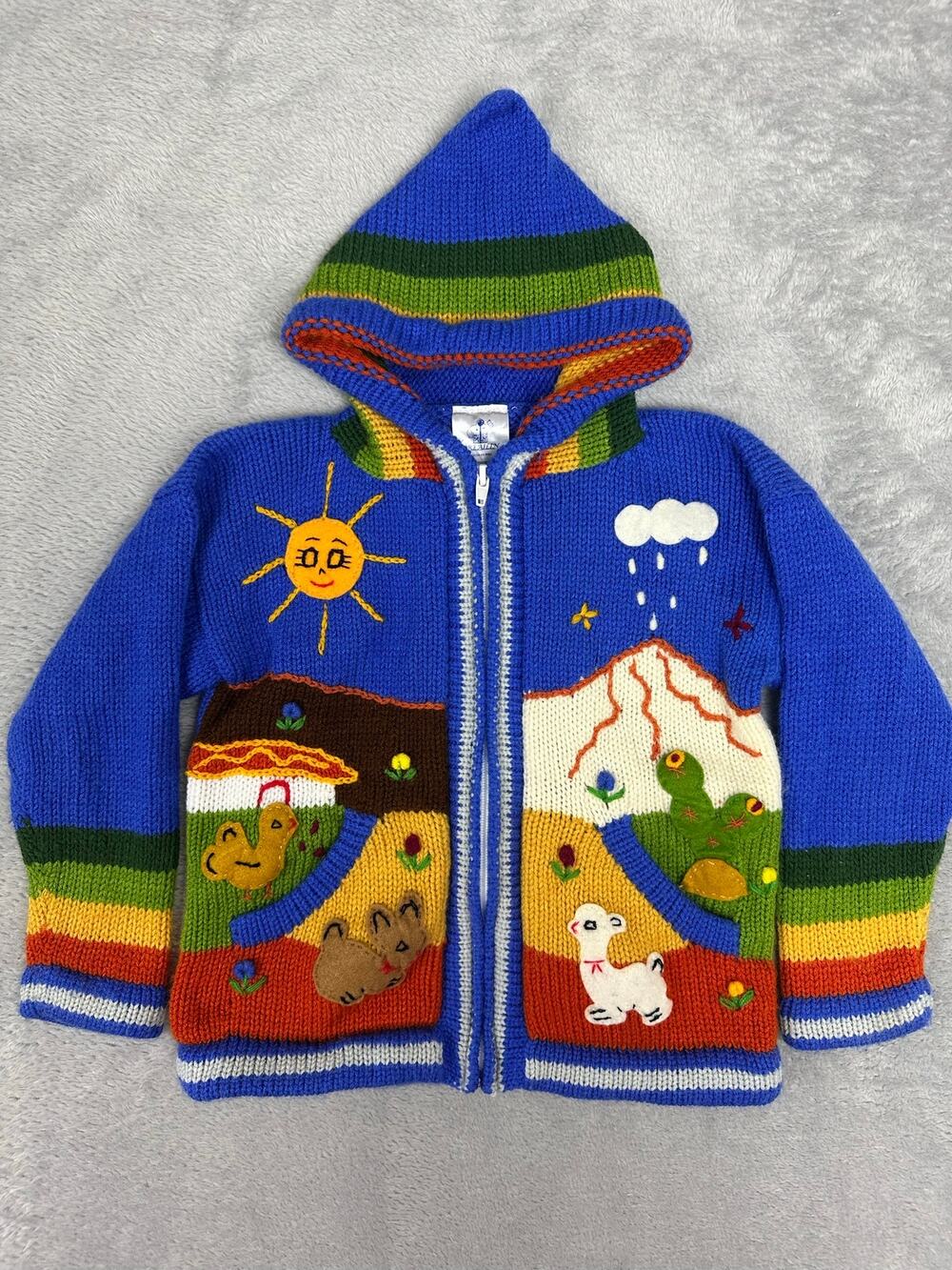Peruvian Hand Knit Folk Art Hooded Wool Zip Jacket Sweater Llama Boho Kids 6